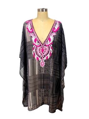 Flint and Moss Beach Black and Pink Sequin Embroidered Kaftan SwimCover Up Large